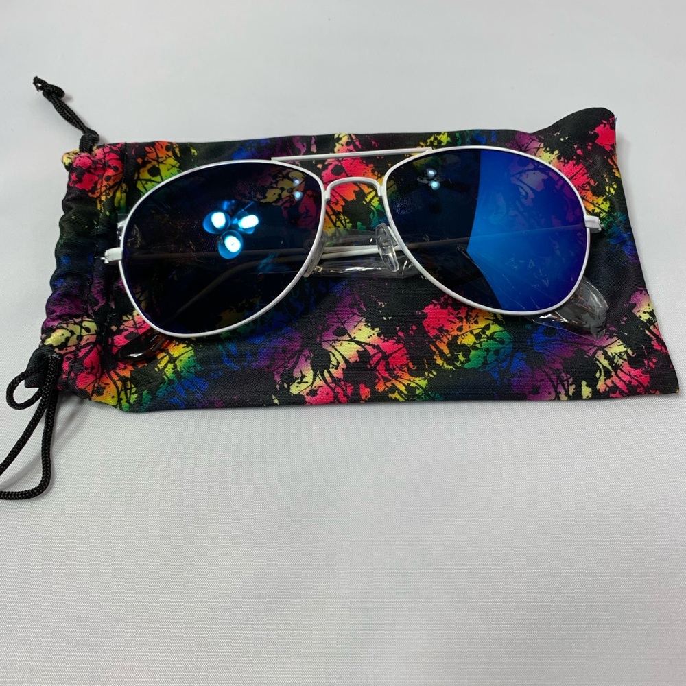 White Wire Frame Sunglasses Blue Lenses Rainbow